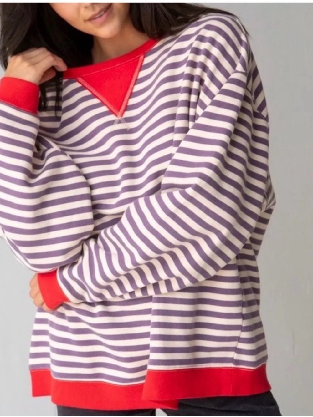 NATURAL LIFE Red-Trim Purple & White Striped Top L/XL